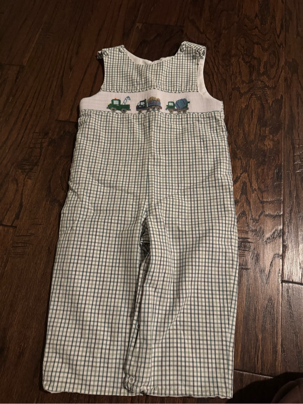 Green Check Smocked Overalls with Vehicle Embroidery for Kids